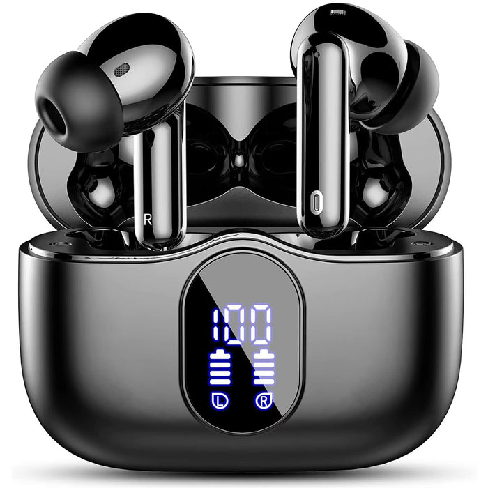 Rose gold Bluetooth 5.3 wireless earbuds with LED power display and ergonomic in-ear design