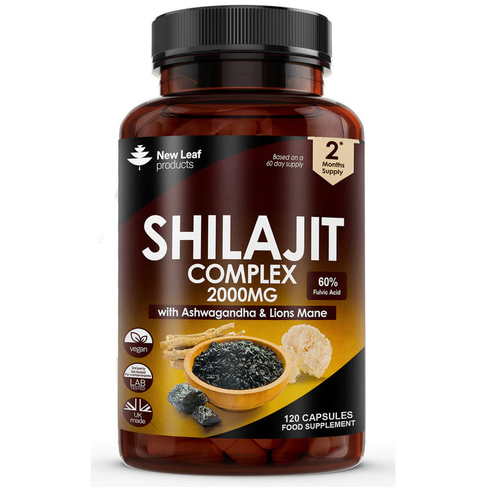 New Leafs Shilajit Complex bottle with 120 capsules, enhanced with Ashwagandha and Lion’s Mane