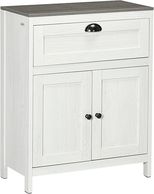 White bathroom storage cabinet with drawer, adjustable shelf, and wood-effect top