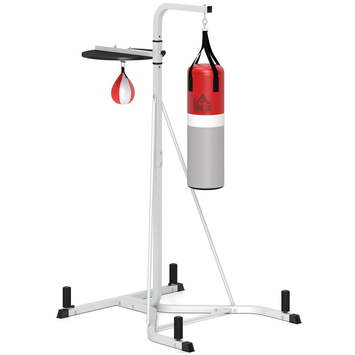 Freestanding punching bag and sandbag station with adjustable speed ball and steel frame for boxing training