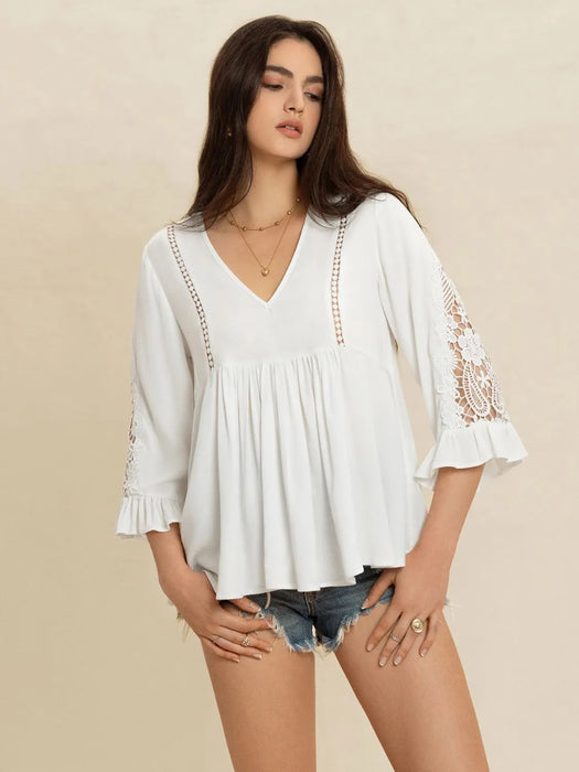 Women's lace flounce sleeve blouse with V-neck cutout and ruched detail in lightweight viscose