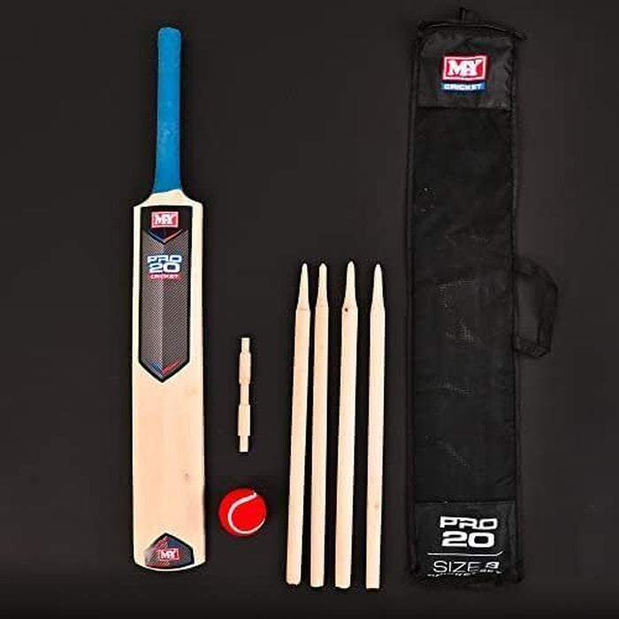 Children’s cricket set with wooden bat, red ball, stumps and bails in carry bag for outdoor play