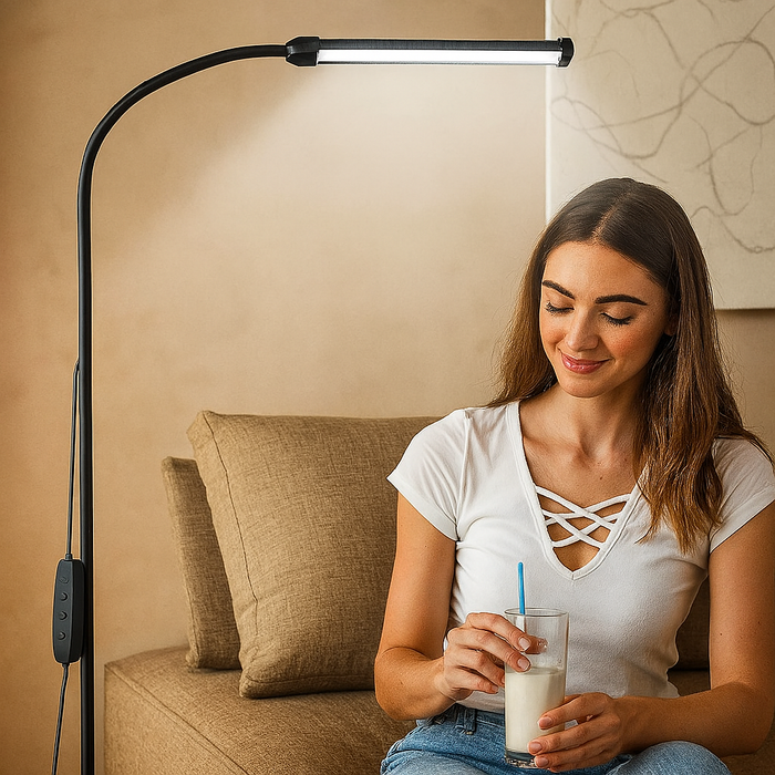 Modern gooseneck LED floor lamp with adjustable dimming for reading or office lighting