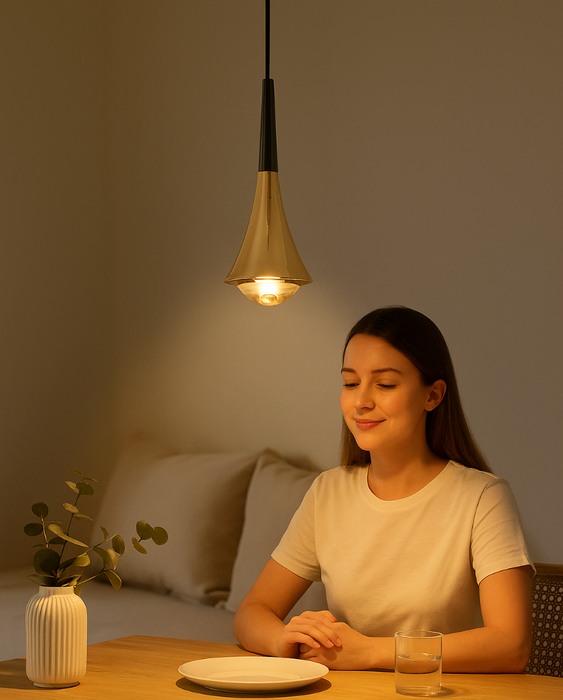 Modern aluminum pendant light hanging over a stylish dining space
