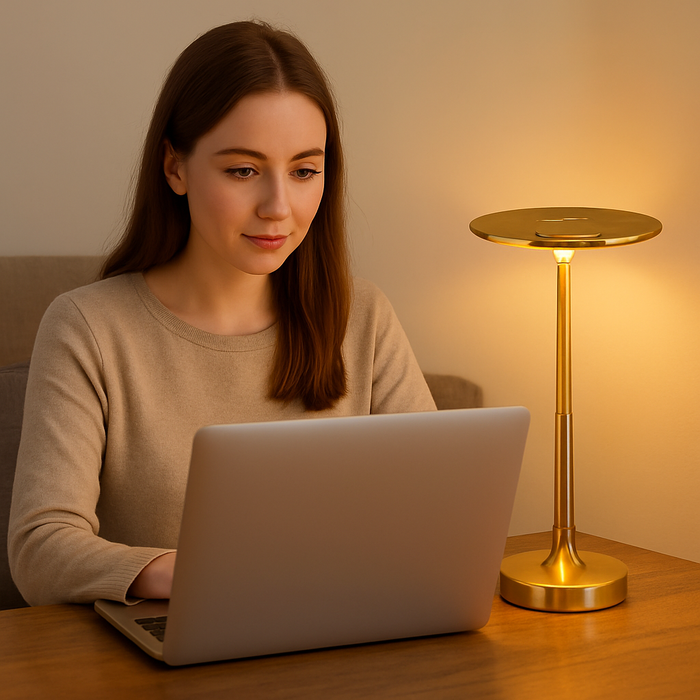 Wireless LED desk lamp with dimmable touch control on a modern office desk
