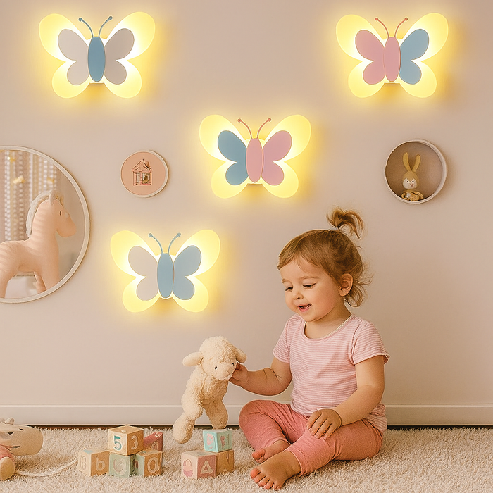 Butterfly Wall Light – LED Acrylic Lamp for Kids Room in Blue, Pink, or White