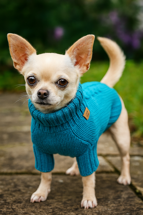 Peacock blue dog jumper with cable knit design and Lycra roll neck – ideal for Greyhounds and slim breeds