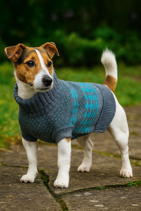 Teal Fair Isle dog jumper with leg socks for Christmas or winter wear