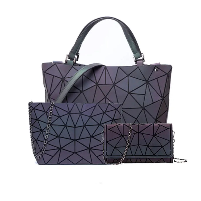 Shimmering PU fold-over shoulder bag for women with geometric pattern, multiple interior pockets, and three straps