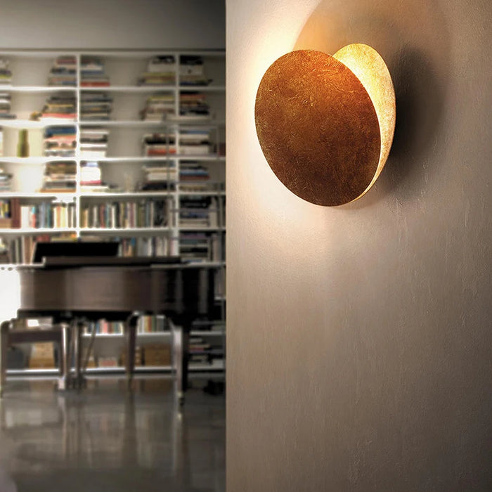 Gold Copper Moon Eclipse LED Wall Lamp with Fabric Shade and Sensor Switch for Bedroom