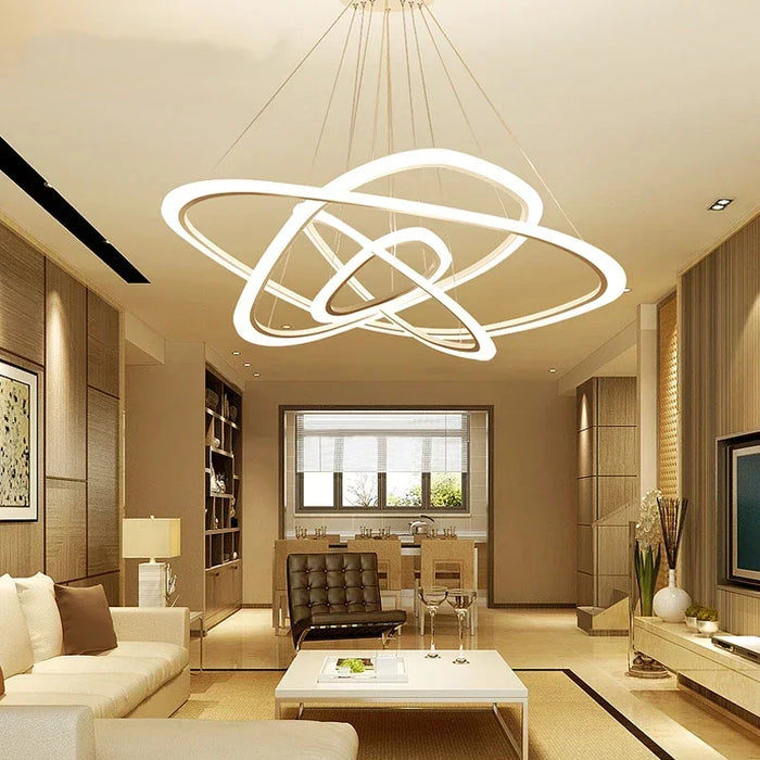 White Art Deco acrylic and iron pendant chandelier with remote control, ideal for dining rooms and hotel lobbies.