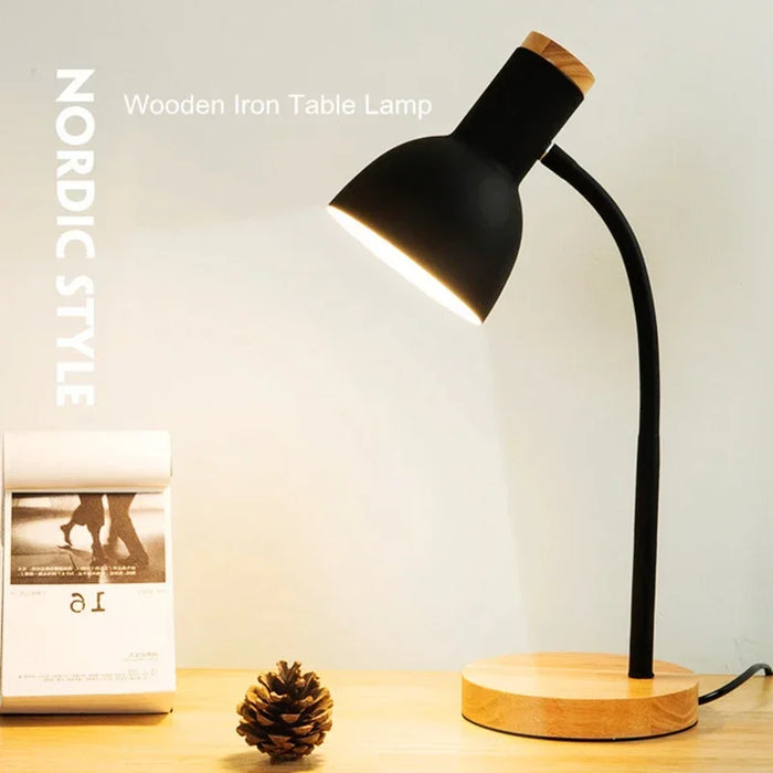 Wooden table lamp with E27 socket and soft ambient lighting for home office, reading, or study desk