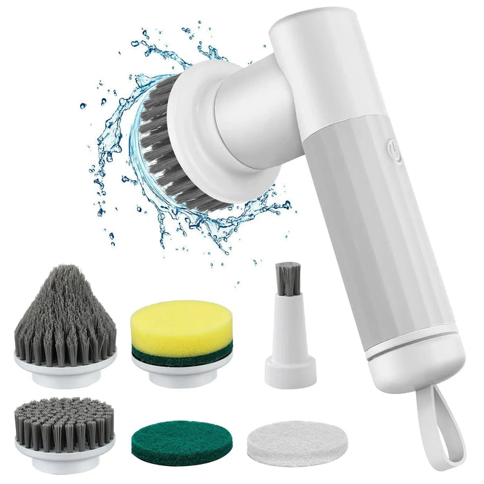 Electric power scrubber with replaceable brush heads, waterproof ergonomic handle, and dual-speed motor for kitchen and bathroom cleaning