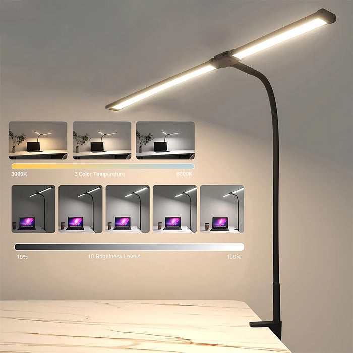 Double-head LED desk lamp with flexible gooseneck, button control, and adjustable color temperature for modern home and office lighting