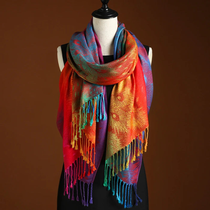 Oversized winter scarf and shawl with printed design for warmth.