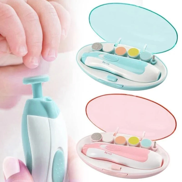 Electric baby nail trimmer with safe rounded edges and ergonomic handle for infant grooming