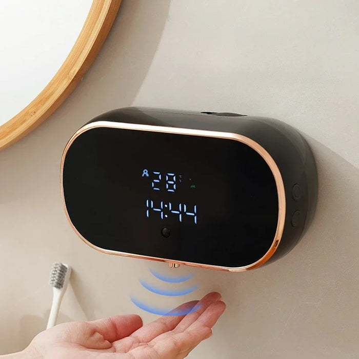 Touchless wall-mounted foaming soap dispenser with USB charging, 350ml capacity, rainproof button, and smart infrared sensor on a modern bathroom wall