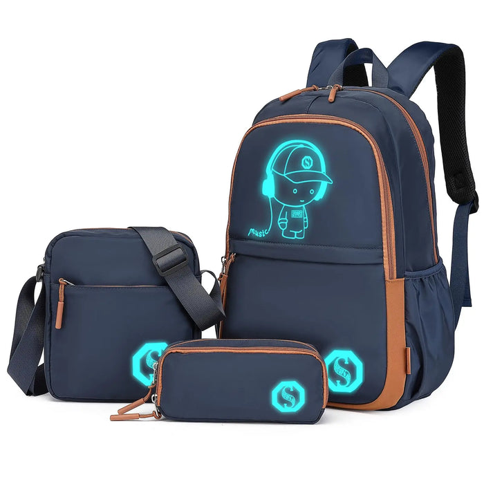 Luminous 3-in-1 School Backpack Set with Crossbody Bag and Pencil Case for Kids