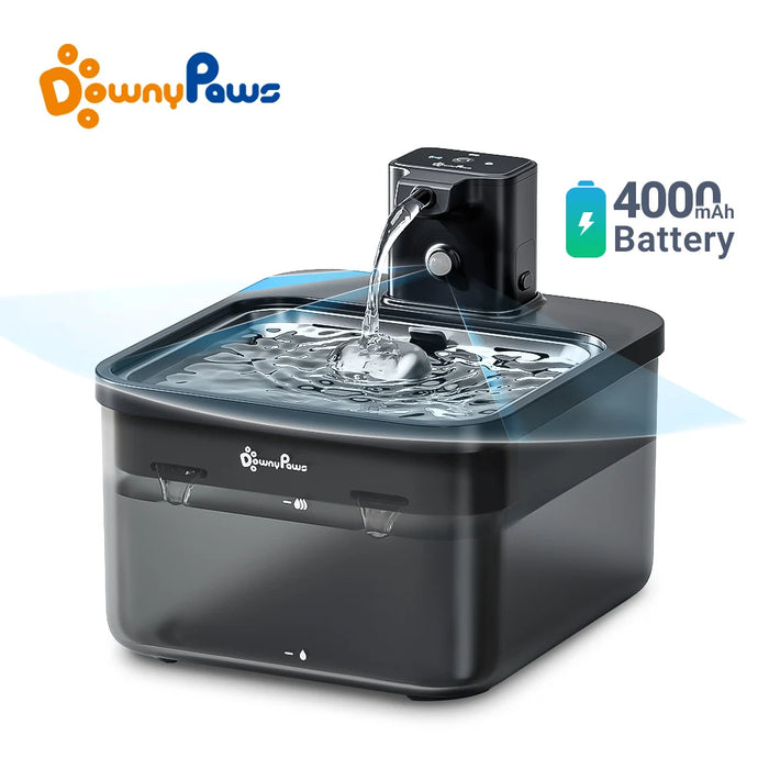Wireless battery-operated cat water fountain with stainless steel bowl, motion sensor, and filtration system