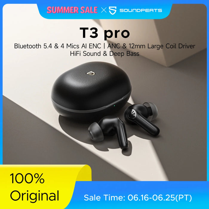 Black wireless Bluetooth 5.4 earbuds with charging case, smart touch control, and waterproof design, placed on a modern background