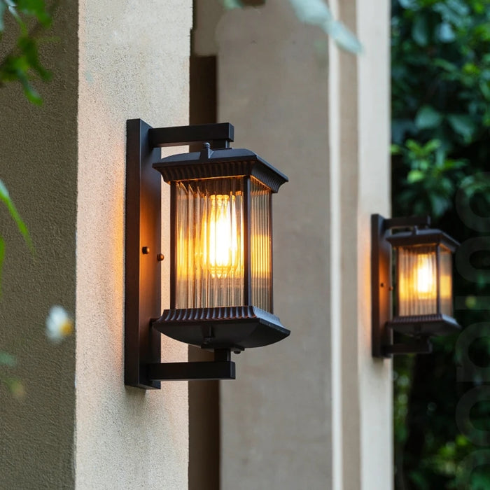 TRAZOS vintage brown wall lamp with aluminum body and glass shade – ideal for outdoor garden or hallway lighting