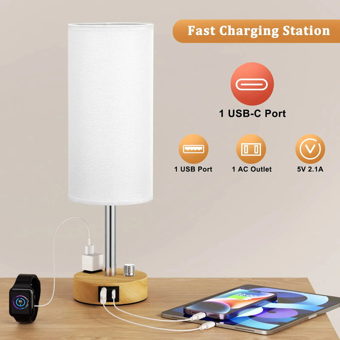 Dimmable Bedside Lamp with USB-A and USB-C Charging Ports and Wood Base