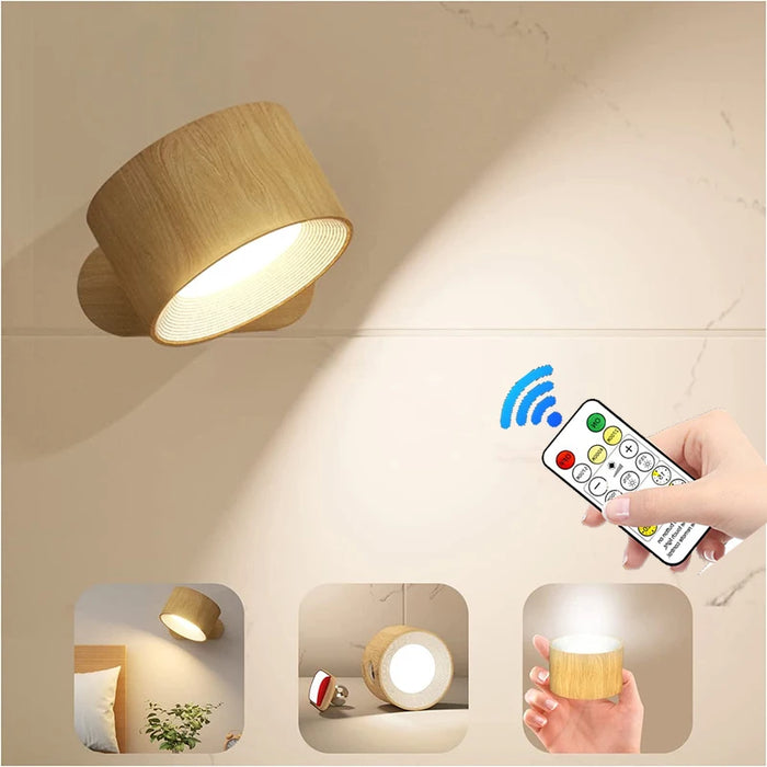 Minimalist rechargeable LED wall light with magnetic mount, touch control buttons, and warm ambient lighting