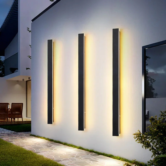Black waterproof long strip LED wall light mounted on outdoor wall