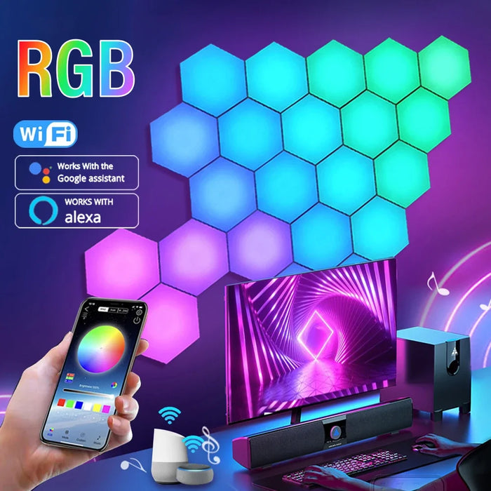 DIY RGB Hexagonal LED Night Light Panels – Smart Modular Wall Lamp with Music Sync and App Control for Bedrooms and Gaming Rooms