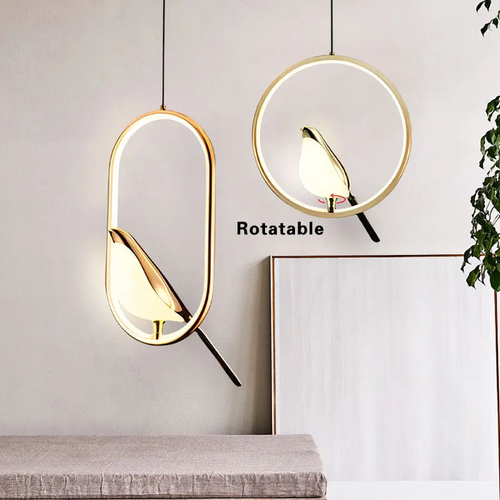 Gold and Silver Magpie Bird Pendant Light – Modern Hanging LED Lamp for Bedroom or Hotel