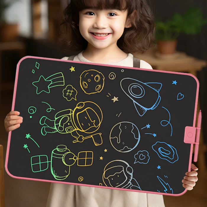 Rechargeable LCD writing tablet with color screen and stylus on a desk, showing a child drawing and adult note-taking use