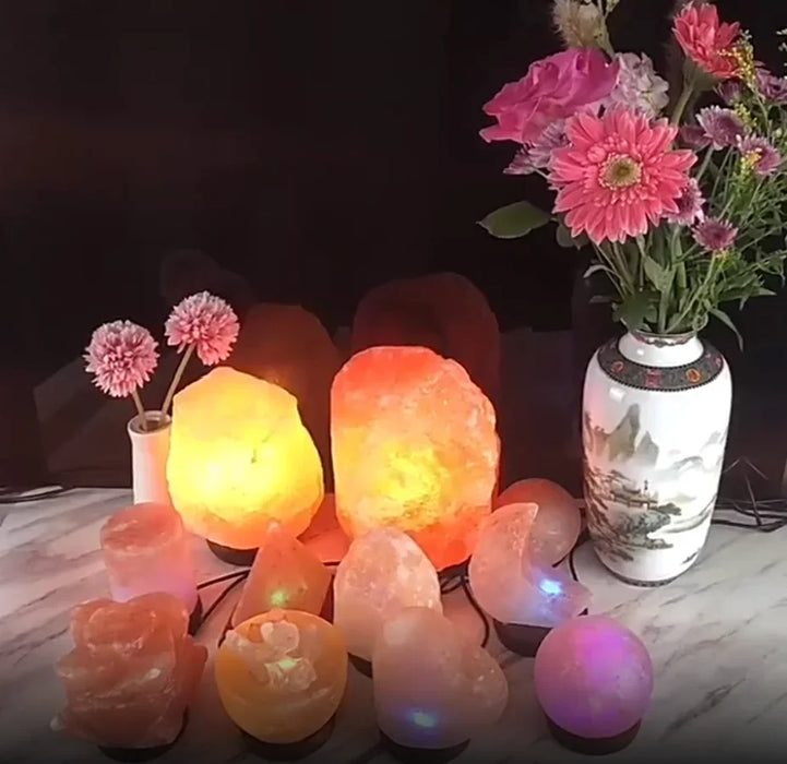 USB Himalayan salt lamp with color-changing LED, pure crystal stone, and neem wood base for calming home decor and relaxation