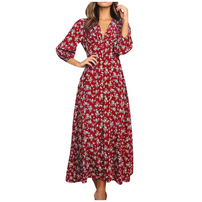 Short-sleeve floral V-neck sundress with high-waist slit
