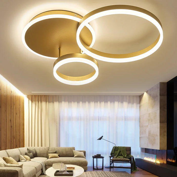 Livingandhome Gold Triple-Ring LED Ceiling Light – Modern Flush Mount with Remote Control