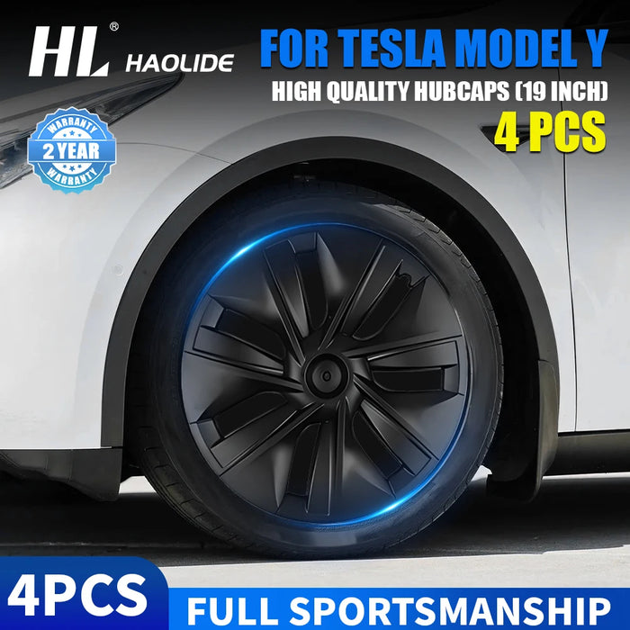 Matte black Tesla Model Y wheel hub caps with sporty design and logo