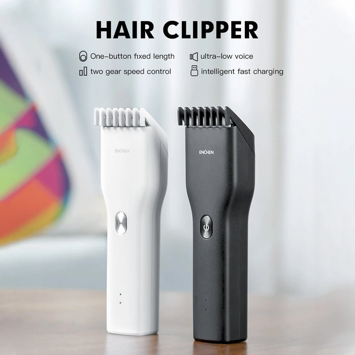 Cordless hair trimmer with dual-speed motor, rounded stainless steel blades, and USB-C charging cable shown on a grooming countertop