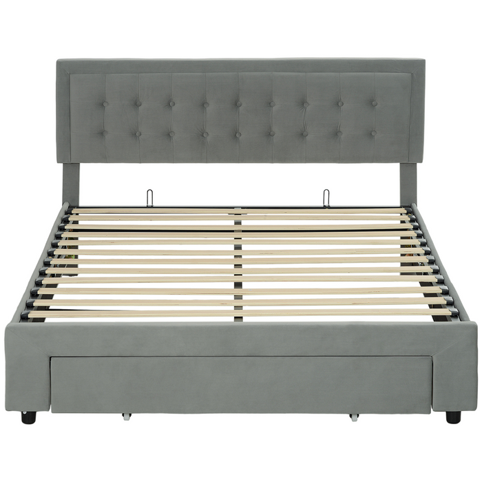 Grey double bed frame with velvet headboard and front storage drawer