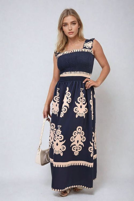 Aliah smocked sleeveless tribal print maxi dress in boho summer style