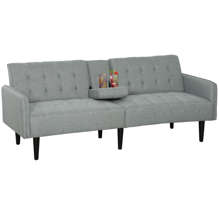 Modern linen-feel split-back recliner sofa with fold-down armrest and cup holders in a compact living room