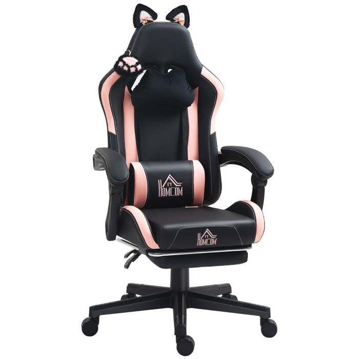 Pink and black gaming chair with cat ears and footrest, shown in a modern bedroom setup with soft lighting