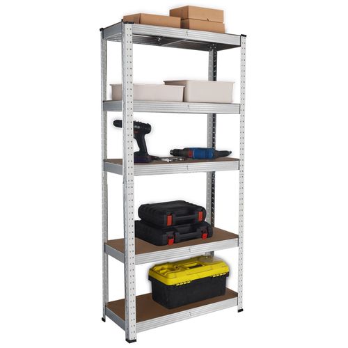 Heavy-duty 5-tier steel shelving unit with thick MDF shelves in garage storage setup
