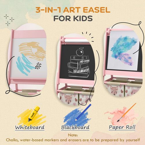 Kids 3-in-1 art easel with chalkboard, whiteboard, paper roll, and pink animal design