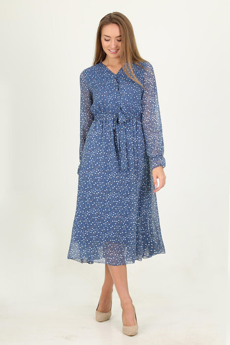 Blue midi dress with sheer sleeves and belted waistFactory