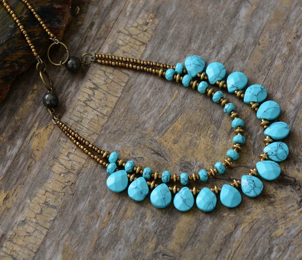 Handcrafted boho turquoise choker with natural jasper and agate stones on seed bead strand