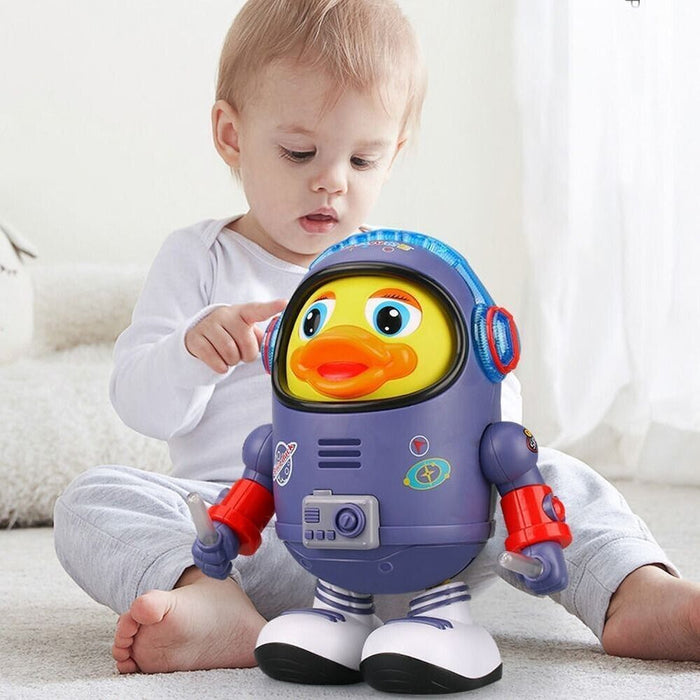 Musical dancing space duck toy for babies and toddlers with lights and walking motion