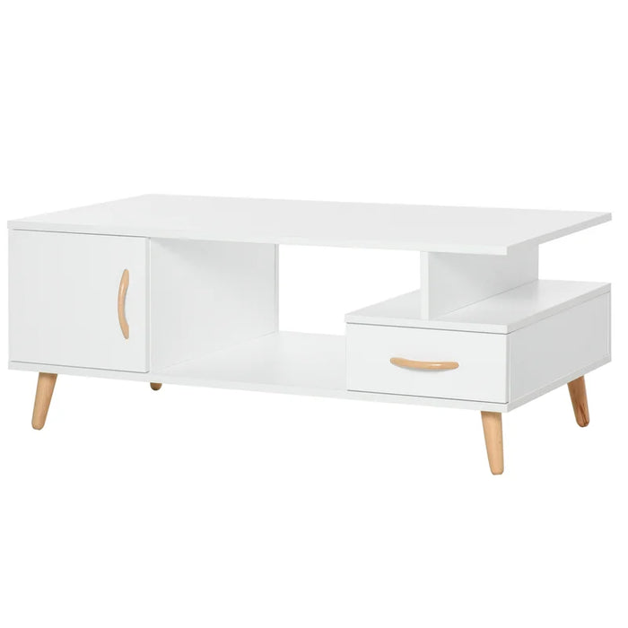 Two-tone modern coffee table with tapered legs and storage compartments