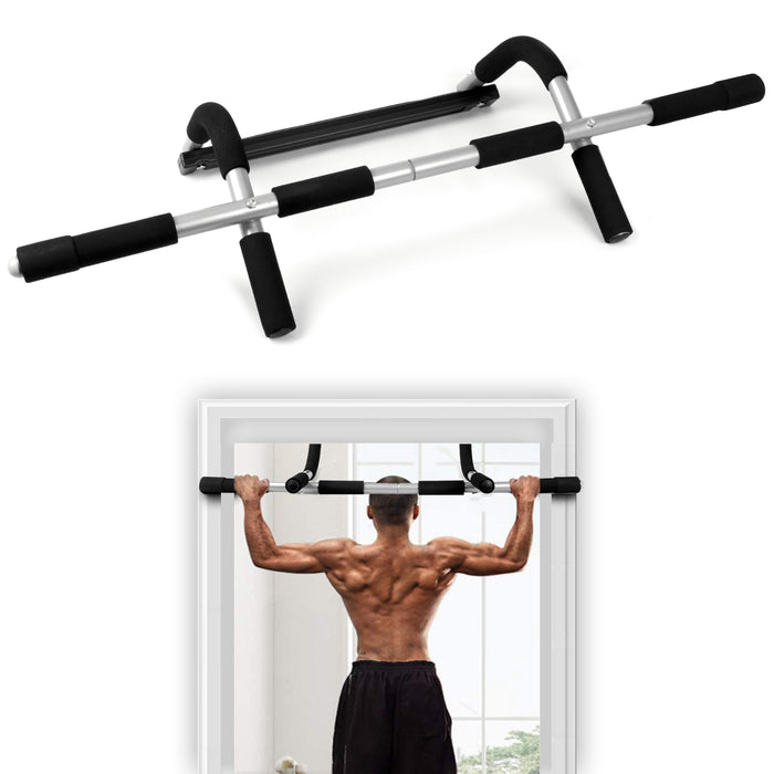 Adjustable door gym bar installed on a door frame for pull-ups and chin-ups