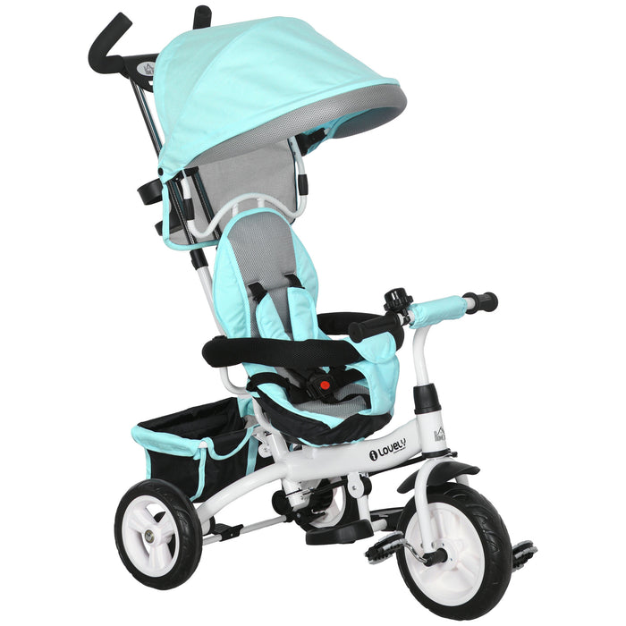 Green and white 6-in-1 kids trike stroller with parent handle, canopy, safety harness, and storage basket – UK toddler ride-on