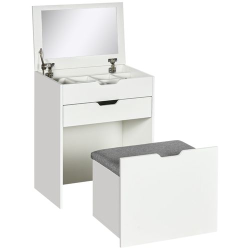 "White dressing table set with flip mirror, stool, and storage drawers – glam vanity desk"