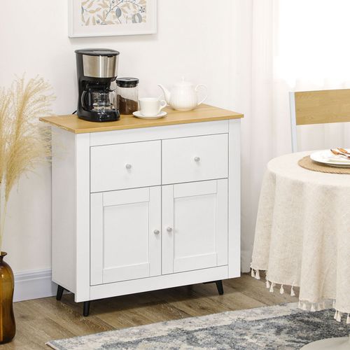 Modern white Scandinavian sideboard cabinet with drawers and wood-effect top for compact home storage